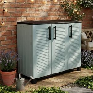 Dmora - Armadio da esterno Pelt, Armadio balcone multiuso, Mobile outdoor 3 ante, 100% Made in Italy, 102x37h90 cm, Grigio chiaro e Nero, Finitura righe