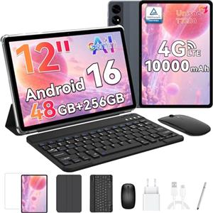 BESTTAB Android 16 Tablet con tastiera, 12,2 pollici 120 Hz 2,5 K FHD, 48GB RAM+256GB ROM (2 TB TF), T7280 Octa-Core, 10000mAh, Widevine L1, Tablet con SIM 4G LTE/ 5G WiFi, 16MP+8MP, Gemini AI, GPS