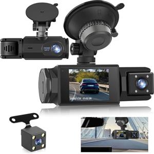 Techschermo Dash Cam Auto Senza Fili WiFi - 3 Canali Fronte Interno Retro, Full HD 1080P, 2" IPS, Visione Notturna, Rilevamento Movimento, Loop, Obiettivo Rotabile