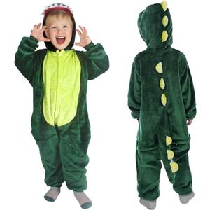 AYBUY Costume da Dinosauro per Bambino con Cappuccio, Dinosauro con Tuta, Costume Dinosauro Verde per Unisex, per Bambini Cosplay Halloween Party Natale, 110CM