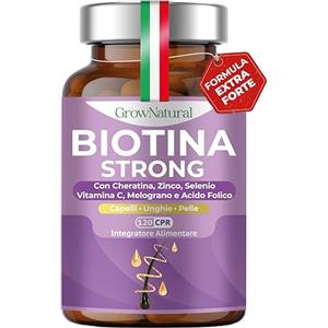 GrowNatural BIOTINA STRONG - Integratori per Capelli - Biotina Cheratina e Zinco - Vitamine per Crescita Capelli e anticaduta Donna e Uomo - 120 Compresse con Melograno, Vitamina C, Acido Folico e Selenio