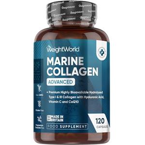 WeightWorld Collagene Marino con Acido Ialuronico in Peptidi Titagen di Collagene Idrolizzato, Tipo I e III, Advanced, con Vitamina C, Coenzima Q10 e Zinco, Senza Magnesio Stearato né Glutine, Collagen da 1200mg
