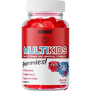 Weider Multikids Gummies (50 Caramelle Gommose) Sapore di Ciliegia, Complesso di 9 Vitamine e 3 Minerali per Bambini, Con Vitamina A, D, E, C, B6, B12, Biotina, Zinco, Senza Glutine, 25 Porzioni
