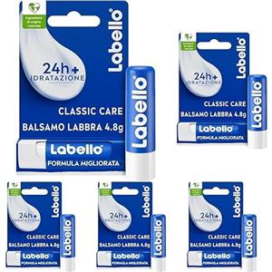 Labello Classic Care Balsamo Labbra 4.8 g, Burrocacao labbra classico fondente sulle labbra, Lip balm con burro di karité idratante fino a 24 ore, Senza oli minerali e paraffine (Confezione da 5)