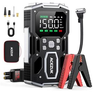 ACEZUK Avviatore Batteria Auto,8000A & 150PSI Avviatore di Emergenza per Auto con Compressore Aria Portatile (All Gas or 10.0L Diesel) 12V Jump Start,2 Luci/ 3.4" LCD Display