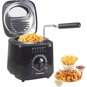 BEPER P101FRI100 Friggitrice elettrica 1L, 850-950W,Cestello in acciaio removibile, Coperchio con oblò, Filtro rimovibile lavabile, Temperatura regolabile, Piedini antiscivolo, Nero