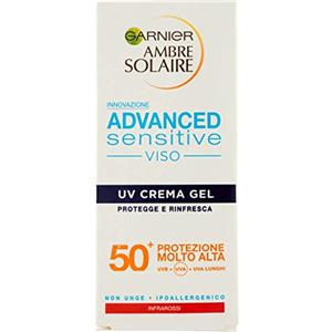 Garnier Ambre Solaire UV Crema Gel Viso Advanced Sensitive, SPF 50+, Protezione Molto Alta, 50 ml