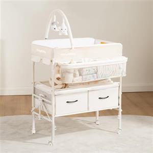 Maydolly Fasciatoio Portatile e Pieghevole per Neonato, con Altezza Regolabile, Ruote Bloccabili, 2 Cestelli Portaoggetti e Materassino Impermeabile - Beige