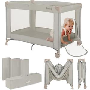 LIONELO Lettino da Viaggio AMELIE 2in1per bambini dalla Nascita a 15 kg, Lettino Pieghevole e box bambini 100 x70 x 69 cm con Ingresso laterale, Materasso, Compacto, 2 Ruote, Borsa da viago