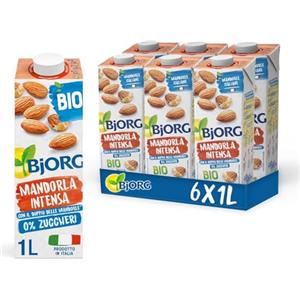 BJORG Bevanda di Mandorla Intensa Biologica 0% Zuccheri, Bevanda Vegetale a Basso Contenuto di Grassi, Mandorle Italiane, Senza Glutine, Senza Zuccheri, Bio, Vegan, Formato 6 x 1L