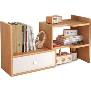 Wintem - Organizer Porta Libri da Scrivania Salvaspazio in Legno con 5 Scomparti e 1 Cassetto Estensibile, Libreria da Scrivania, Design Modulabile Facile da Montare e Resistente