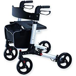 GIMA Deambulatore Stilish, Pieghevole e Regolabile in Altezza, Telaio in Alluminio Leggero, Sedile, Schienale e Portaoggetti, Portabastone, Freni ad Anello Autobloccanti, Grigio (Argento)