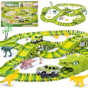 Kinderplay Pista Dinosauri per Macchinine - 360 cm flessibile con 240 pezzi - Auto fuoristrada a batteria, ponti e tunnel - Gioco creativo 3+