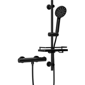 Görbach Colonna Doccia con Tubinetto Termostatico Doccia, Set Asta per Doccia con Mensola, Termostato Miscelatore Doccia + Barra Doccia in Acciaio inox 70 cm con Doccetta e Tubo, DSD12 Nero