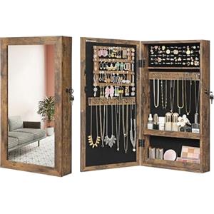 SONGMICS Armadietto Portagioie da Parete, Specchiera Portagioielli con Serratura, Organizzatore per Gioielli con Specchio, Salvaspazio, Regali Natale, Esterno Marrone Vintage, Interno Nero JJC051K01