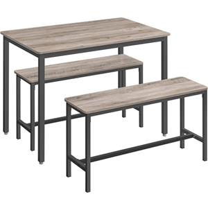 VASAGLE Tavolino da Pranzo con 2 Panche, Set di 3 Pezzi, Tavolo da Cucina 70 x 110 x 75 cm, 2 Panche 30 x 97 x 50 cm, Struttura in Acciaio, Greige Melange e Nero Inchiostro KDT070B02