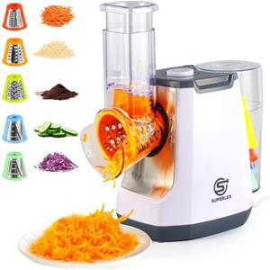 SUPERLEX Affettaverdure elettrico 5-in-1, mandolina con 5 lame tamburo intercambiabili, grattugia per formaggio per frutta, verdura, carote, noci, grattugia da cucina