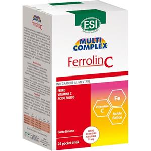 ESI - Multicomplex Ferrolin C, Integratore Alimentare di Ferro, Utile in Caso di Carenza, Contrasta la Stanchezza e Contribuisce allo Sviluppo di Globuli Rossi, Senza Glutine e Vegan, 24 Pocket Drinks
