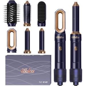 UKLISS Hair Styler 6 in 1, Phon Spazzola Asciugacapelli con Piastra Capelli, Arricciacapelli Automatico, Hair Dryer, Thermal Brush, Spazzola Aria Calda per Donne Ricci, Lisci, Voluminosi - Blu