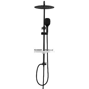 Görbach Colonna Doccia idromassaggio Colonna Doccia Nero in INOX 304 Doccia Soffione Colonna Senza Miscelatore Set Doccia a Pioggia con Doccetta e Mensola,Soffione (D25cm)
