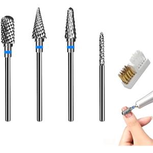 SUNNIFLY Kit di 4 Punte Fresa Unghie in Tungsteno Carburo + Spazzolino, Punte Fresa per Unghie Professionale, Fresa Per Unghie, Ideal per Rimozione Gel e Manicure