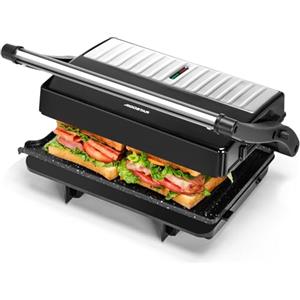 Aigostar York Pro - Tostapane Piastra 1000W, Bistecchiera Elettrica per Carne e Verdure, Apertura a 180°, Ceramica Antiaderente, Senza PFOA, 23x14,5 cm, Nero