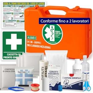 ONFARMA FARMA3 Cassetta pronto soccorso COMPLETA DI CARTELLO PRIMO SOCCORSO conforme DM 388 allegato 2 per aziende fino a 2 lavoratori e mezzi aziendali