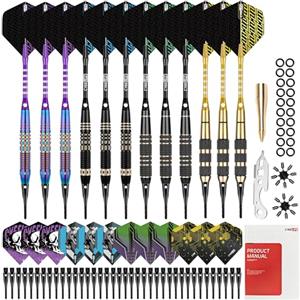 CyeeLife Freccette con punta in plastica, set da 12 freccette morbide, in ottone con 4 disegni, 24 ali, 50 punte, 20 anelli a O e altri accessori per bersaglio elettronico