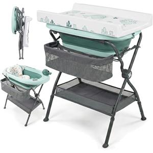 Twinly Bubbly Fasciatoio Neonato con Termometro Integrato - Vaschetta Bagnetto Pieghevole 2 in 1 - Accessori Neonato Utili 0-3 Mesi - Materassino Impermeabile (verde)