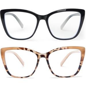 KoKoBin 2 Pack Oversize Occhiali da lettura da donna Moda Anti luce blu Occhiali per computer (2 Pack（Nero, caffè leopardo）, 3, Diottria)