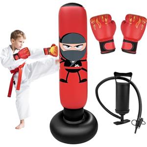 Homshsjhkis Sacco da Boxe da Terra, Stabile Pungiball Bambini con Guantoni e Pompa, Sacco Boxe Gonfiabile per Bambini, Più Grandi e Stabili, Regalo Perfetto per Praticare Karate, Taekwondo, MMA