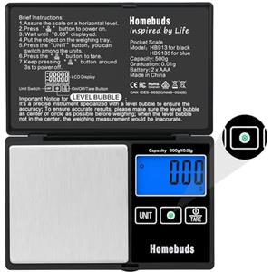 Homebuds 500g Bilancino Precisione 0,01g con bolla di livello, Assicurato da Bilancia di Precisione Professional Factory dal 2001, Bilancia da Cucina per laboratorio cucina caffè gioielli 2*AAA Nero