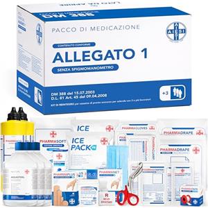 AIESI® kit di reintegro ALLEGATO 1 SENZA SFIGMOMANOMETRO pacco medicazione per cassetta di pronto soccorso aziende più 3 dipendenti, Conforme DM388/DL81, Made in Italy