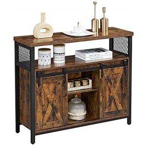 VASAGLE Credenza, Mobile da Cucina, Armadietto Organizzatore, con 2 Ante Scorrevoli, 33 x 100 x 80 cm, Ripiani Regolabili, Stile Country, per Soggiorno, Marrone Vintage e Nero Inchiostro LSC092B01
