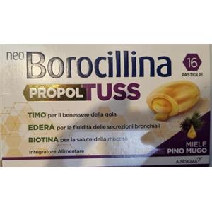 Alfasigma NEOBOROCILLINA PROPOLTUSS - Integratore Alimentare con Propoli e Miele per il Benessere della Gola, 16 Pastiglie al Gusto Pino Mugo