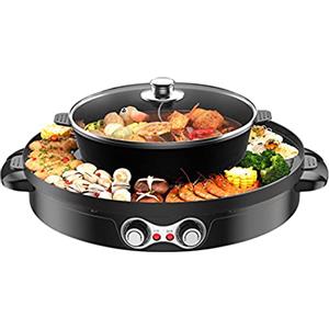 Gaabungky Hot Pot con grill, 2200 W, pentola elettrica di grande volume con controllo indipendente della temperatura, pratica, 2 in 1, multifunzione, rotonda, per feste in famiglia (nero)