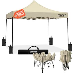 Zendea - Gazebo Beige 3x3 Pieghevole Impermeabile con Struttura Rinforzata e Copertura Oxford 600D PVC, Montaggio Rapido a Fisarmonica per Giardino ed Eventi, 4 Sacchi Stabilità Inclusi