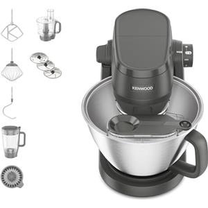 Kenwood Multi Tasker - Impastatrice Planetaria Multifunzionale con accessorio Frullatore, Robot Cucina e spremi agrumi, 1.7kg di Impasto Pane e Pizza, Paraschizzi con Misurino, Grigia (KHC30.050GY)