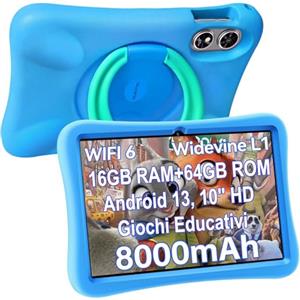 OBA Tablet OUKITEL OT6 per Bambini, 16GB RAM+64GB ROM, Android 13, 10 HD, 8000mAh, Controllo Parentale, BT5.0, Giochi Educativi, Blu