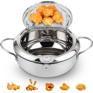 Elprico Pentola Giapponese Per Friggere, Pentola Per Tempura Con Termometro Compatibile Fornello A Induzione 24 Cm, Pentola Giapponese In Acciaio Inossidabile 304 Per Patatine Fritte (Misura piccola 20cm)