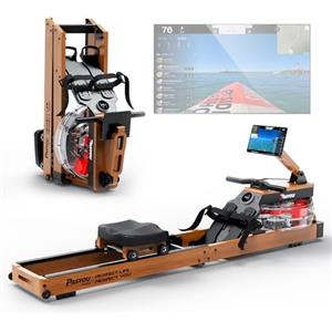 PASYOU Vogatore per Palestra Domestica, Vogatore Pieghevole in Legno di Rovere con Bluetooth e Supporto Regolabile per Tablet, Capacità di Peso 150KG, Vogatore ad Acqua Compatibile con APP Kinomap