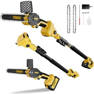 TROOZY 2-In-1 Mini Motosega a Batteria & Potatore Telescopico Elettrica, Brushless, Elettrosega 3000 mAh fino a 100min, Tagliarami per Potatura 21V / 6 Pollici, Seghetto con asta Telescopica