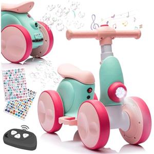 Itslife Bicicletta Senza Pedali Elettrica con Macchina per Bolle per Bambini e Bambine di 1-4 Anni, 4 in 1 Giocattoli per Bambini con Musica, Luci LED, Regalo per Compleanno, Natale, Rosa-verde