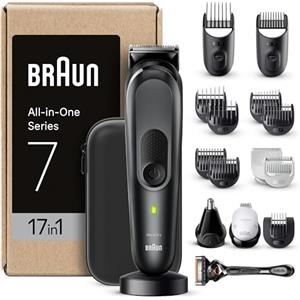 Braun Regolabarba Tagliacapelli Uomo, Rasoio Elettrico Barba e Capelli, 17-in-1 Styling Kit per Barba, Capelli, Corpo, Naso e Orecchie, 100 Minuti di Utilizzo, Mgk7491 Nero
