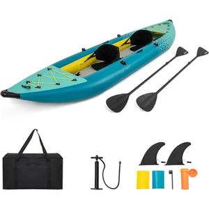 HOMASIS Kayak Gonfiabile 2 Posti in PVC, Canoa Gonfiabile con 2 Pagaie Regolabili, Borsa per il Trasporto, Pompa a Mano e Kit di Riparazione, Gommone Mare per Adulti, 382 x 94 x 40 cm (Verde Anatra)