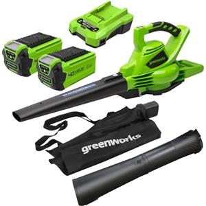 Greenworks 40V Aspiratore Soffiatore a Batteria per Foglie, Motore Brushless, 280km/h, 9,63m³/min, Sacco di Raccolta da 45L, Due Batterie 2Ah e Caricabatterie, Garanzia 3 Anni GD40BVK2X