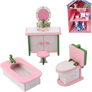 Comebachome Set di mobili in legno per casa delle bambole, sedia in miniatura, cassettiera, vasca da bagno, modello di toilette, accessori per casa delle bambole, decorazioni