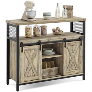 VASAGLE Credenza, Mobile da Cucina, Armadietto Organizzatore, con 2 Ante Scorrevoli, 33 x 100 x 80 cm, Ripiani Regolabili, Stile Country, per Soggiorno, Marrone Turchese e Nero Inchiostro LSC092B60