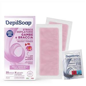 Depilsoap® - Strisce Depilatorie Corpo Per Pelli Sensibili - 20 Strisce Depilatorie Braccia E Gambe E 4 Salviettine Post-Depilazione - Nuova Formula Arricchita Con Rosa Mosqueta E Burro Di Karitè