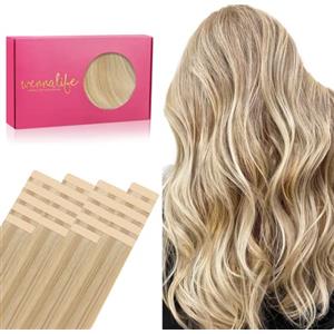 WENNALIFE Extension Capelli Veri Biadesivo, 20pz 35cm 50g Biondo Chiaro con Riflessi Biondi Dorati Extension Biadesive Capelli Veri Lisci Remy Tape in Hair Extensions Capelli Setosi